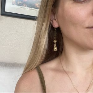 Dainty filigree gold teal green earrings